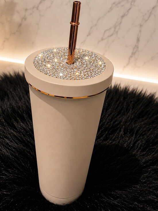 Other - Beige Rhinestone Bling Tumbler Cup with Rose Gold Straw | 500ml